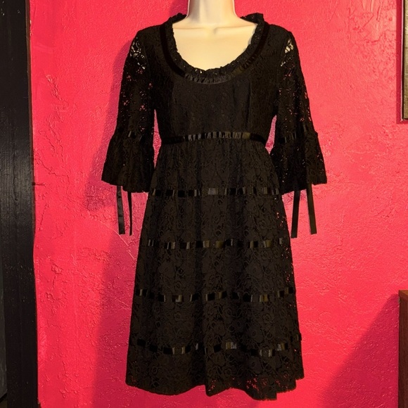 Betsey Johnson black lace and ribbon Babydoll dress. Sz 8. - Picture 3 of 17